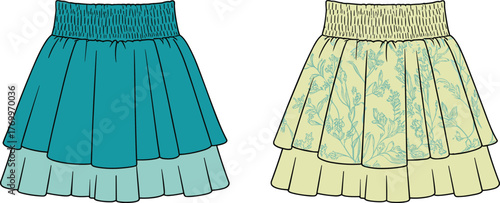 Cad drawing flat vector illustration, pleated skirts front view, floral and solid color styles, fashion design, 