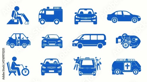 Collection of blue vehicle icons including cars, vans, ambulance, and mobility scooter