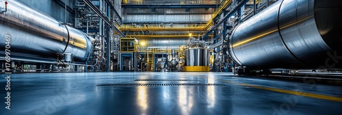 Hydrogen production and processing plant interior showcasing vast storage tanks.