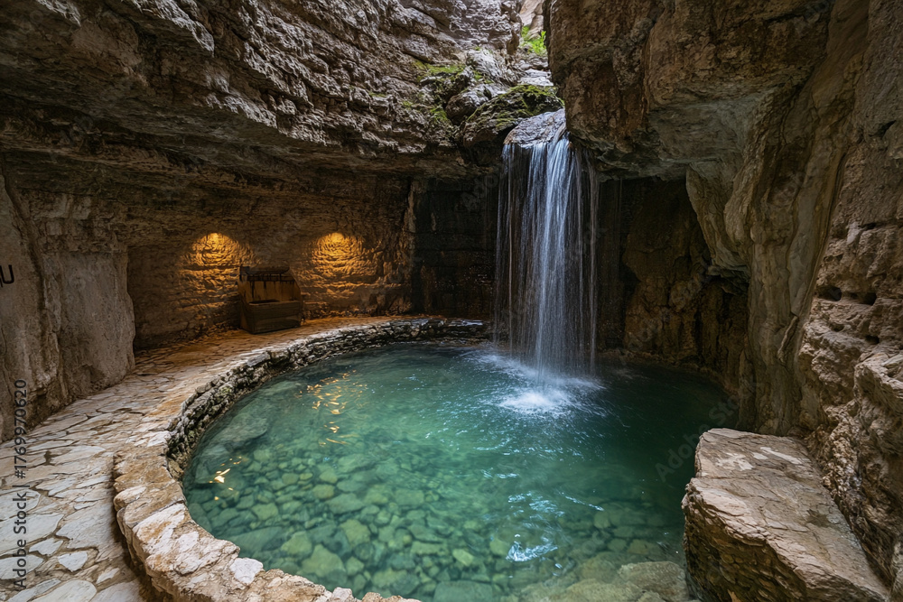 Naklejka premium A hidden hot spring waterfall cascading into a natural stone pool