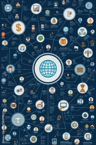 Dynamic global business network map illustrating financial growth and strategic connections