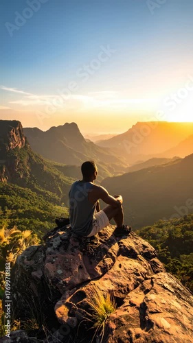 Man sits on rocky mountain summit admiring scenic vista of lush valleys and peaks bathed in warm sunlight during vibrant sunset