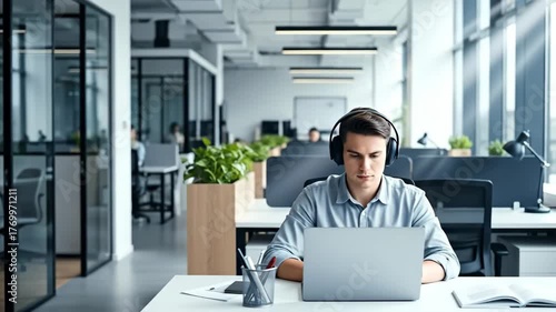 Focused Professional: Man Working on Laptop in Modern Office