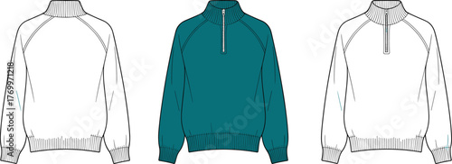Half-zip pullover technical sketch, raglan sleeves, front and back view, color and line drawing, cad drawing flat vector illustration