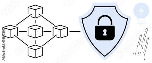 Blockchain structure connected to shield with lock icon symbolizes cybersecurity and data protection, paired with a lightbulb and growth arrows. Ideal for technology, security, blockchain, business