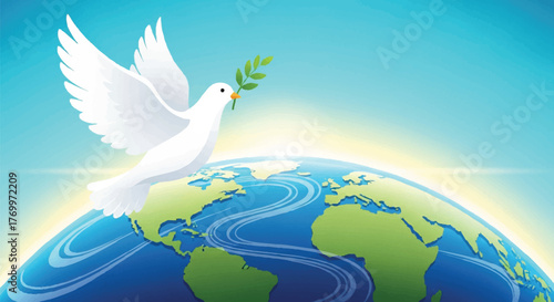 Vector illustration of a peace dove with an olive branch soaring above planet Earth against a bright sky, symbolizing hope and harmony