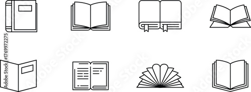Book icon set, collection of open and closed books, reading, education, and library symbols in outline style, a flat vector illustration