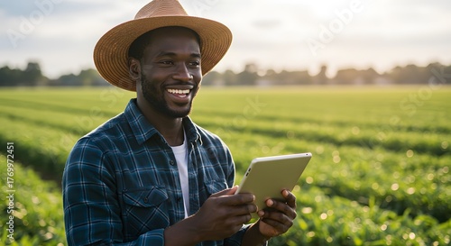 Optimistic Young Black Farmer in Straw Hat Smiling While Using Digital Tablet in a Vibrant Green Agricultural Field at Golden Hour.