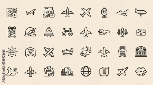 Modern line art icons for aviation, travel, and transport concepts, a versatile collection.