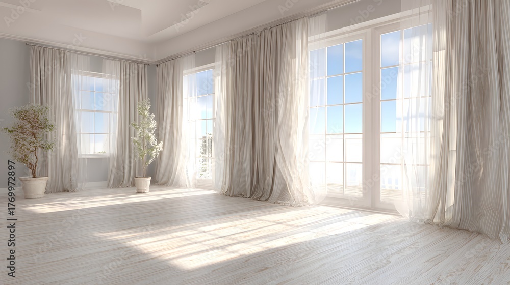 Obraz premium Bright, empty interior space flooded with sunlight streaming through sheer covered windows