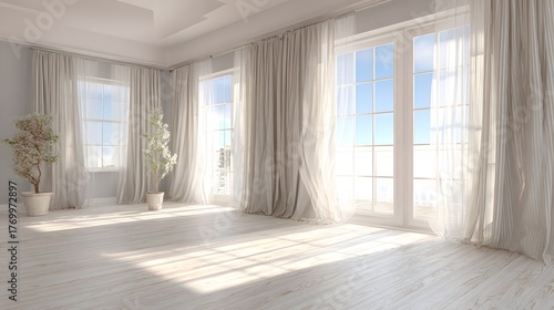 Wallpaper Mural Bright, empty interior space flooded with sunlight streaming through sheer covered windows Torontodigital.ca