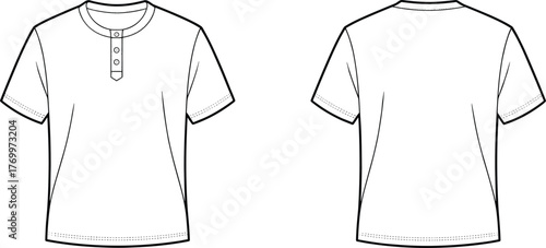 Henley shirt front and back view, short-sleeve apparel design, fashion illustration, garment structure, cad drawing flat vector illustration