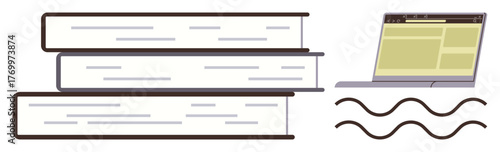 Stack of hardcover books alongside a laptop screen, emphasizing a blend of offline and online education. Ideal for technology, education, e-learning, knowledge, research, library, and innovation