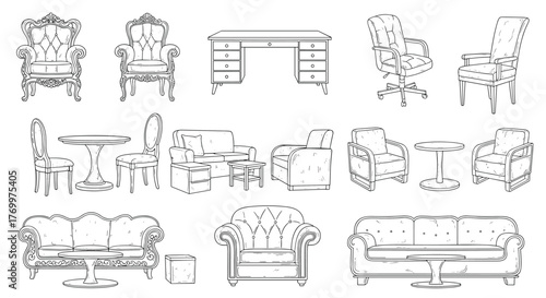 A diverse collection of hand-drawn line art illustrations showcasing various furniture pieces, from classic ornate chairs to modern sofas and office desks.