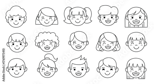 A collection of diverse happy cartoon children's faces, showcasing various hairstyles and expressions in a simple line art style.