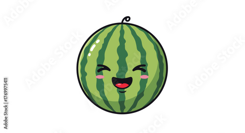 A cheerful, adorable cartoon watermelon with bright green stripes and a tiny stem laughs happily on a clean white background.