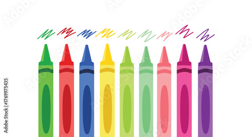 Eight colorful crayons in a row with matching scribbles, representing art, creativity, and childhood activities.