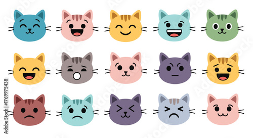A vibrant collection of cute cartoon cat emojis showcasing various emotions and facial expressions, including happiness, surprise, anger, and sadness.