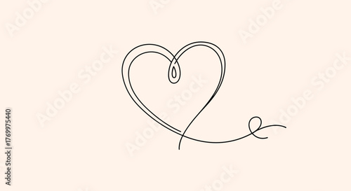 Minimalist continuous line art drawing of a heart shape with a small inner loop and a decorative flourish on a soft background.