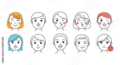 A collection of diverse cartoon faces expressing a wide range of emotions and gestures, suitable for various design projects.