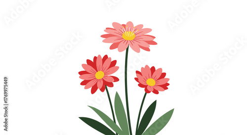 Vibrant pink and red daisy-like flowers with green stems and leaves, illustrated in a charming flat style on a white background.