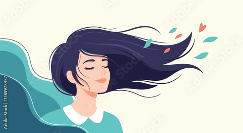 Serene young woman with eyes closed, her dark hair blowing in the wind, with colorful leaves scattering, evoking a sense of calm and freedom.