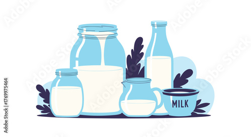 Various containers of fresh milk and dairy products, including glass bottles, a jar, a pitcher, and a mug, with simple natural accents.