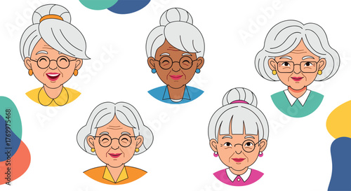 Cheerful cartoon illustrations of five diverse senior women with gray hair and glasses, expressing joy and wisdom.