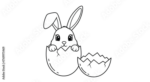 Cute black and white line art of a baby Easter bunny emerging from a broken egg, ideal for a coloring page.