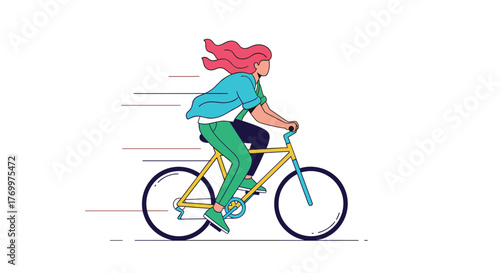 A young woman with vibrant pink hair rides a yellow bicycle quickly, depicted with speed lines in a dynamic flat design style.