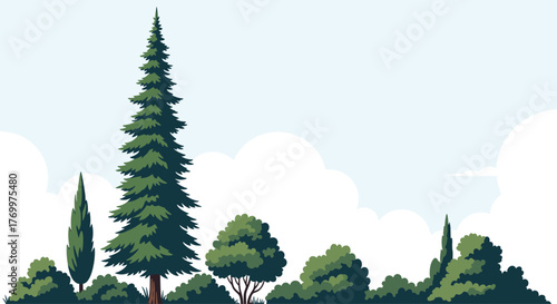 Vibrant cartoon landscape featuring a variety of green trees and bushes under a light blue sky with white fluffy clouds, illustrating a peaceful natural setting.