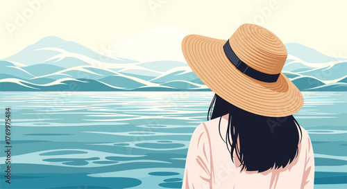 A person in a straw hat looks out over a serene lake with rolling mountains under a clear sky, enjoying a peaceful moment in nature.