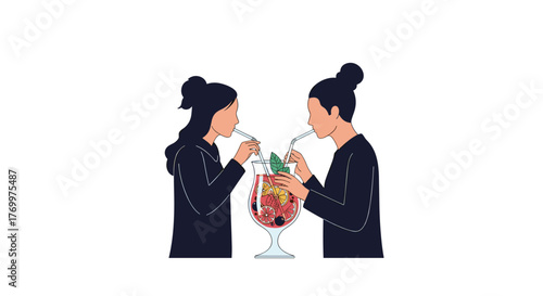 Friends share a vibrant fruit cocktail from a large glass with straws, celebrating togetherness and a refreshing summer moment.