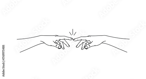 Two hands with index fingers almost touching, creating a symbolic spark of connection or interaction in a minimalist line art style.
