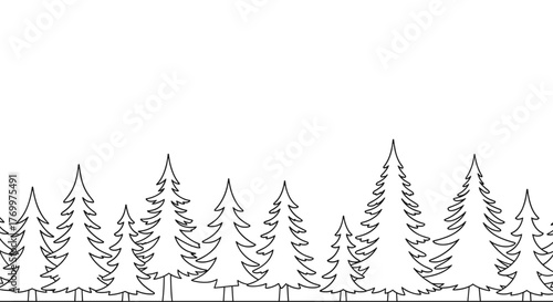 Black and white continuous line drawing of a simple evergreen forest border on a white background, featuring various sizes of pine trees.
