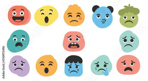 Cute and colorful cartoon blob emojis illustrating a range of human emotions from happy and sad to angry and surprised.