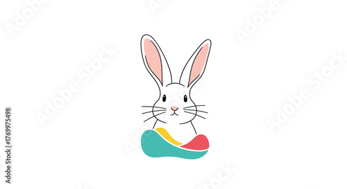 Minimalist illustration of a charming white rabbit with pink inner ears and nose, peeking from behind a vibrant, abstract, colorful shape.