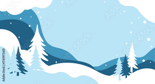 A serene minimalist winter landscape illustration with snow-covered trees, rolling hills, and falling snowflakes under a pale blue sky.