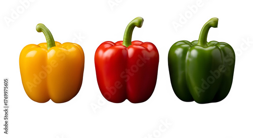 Three Colorful Bell Peppers (Yellow, Red, Green) Isolated on Black Background - Fresh Vegetable Ingredients
