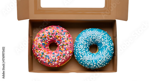 Two Colorful Donuts with Sprinkles in a Box, Top View, Isolated on Black - Sweet Treat, Dessert, Bakery