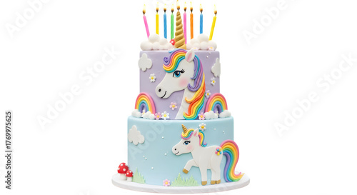 Two-Tier Unicorn Birthday Cake with Rainbows and Lit Candles Isolated on Black - Magical Children's Party Dessert