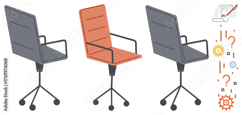 Three swivel office chairs, one highlighted, with scattered question marks, gears, puzzle pieces, and clipboard. Ideal for leadership, recruitment, brainstorming problem-solving choice teamwork