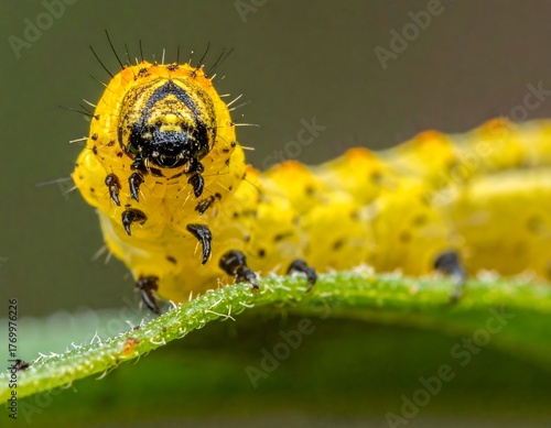 Close-up of a vibrant yellow caterpillar on a green leaf, detailed macro