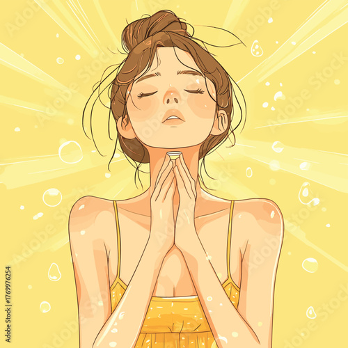 girl thirsty from heat of the summer sun. girl feels so thirsty because of hot weather. Hand drawn style vector design illustrations.   , vector style simple color