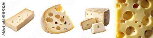 Swiss cheese – A mild, semi-soft cheese with characteristic holes, often used in sandwiches and fondue. Isolated on Clear White Background Highly Detailed
