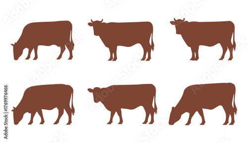 Set of Six Brown Cow Silhouettes Vector Icons