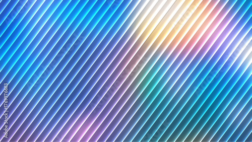 Diagonal glass stripes gradient background, luminous blue and cyan lines with pastel pink and gold glow, ribbed reeded texture for modern wallpaper banners posters and web design