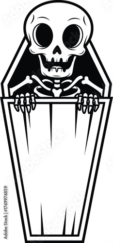 A black and white illustration of a cartoon skeleton emerging from a coffin, with large, round eyes and bony hands gripping the edge of the coffin.