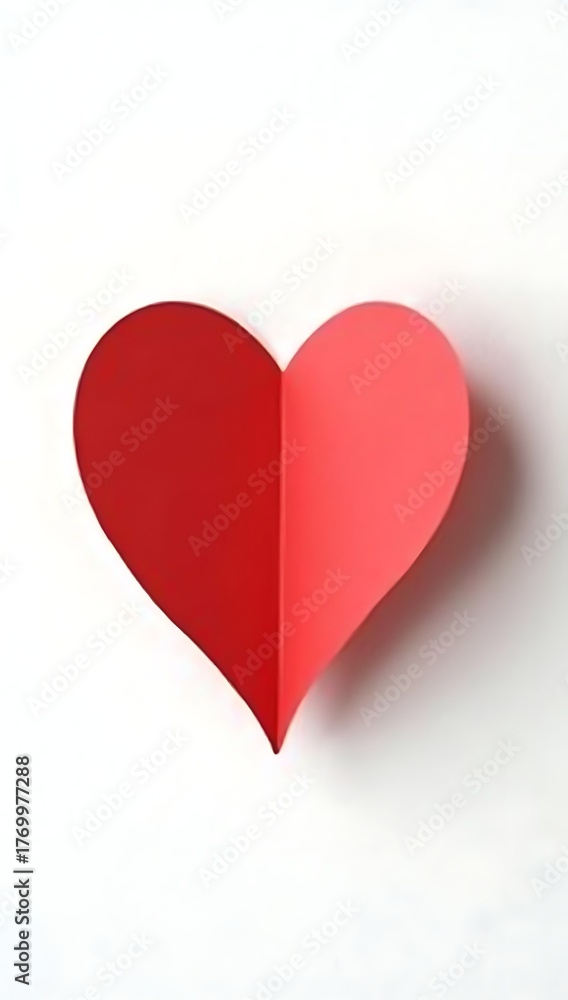Obraz premium Minimal concept of a 3D red paper heart floating above a clean white background, symbolizing love, simplicity, and purity in design.