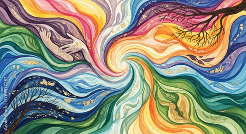 Abstract representation of the cyclical nature of life and seasons, depicting transformation and connection through vibrant colors and flowing forms